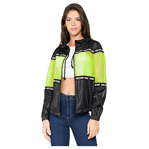 American Bazi Women's Awesome Fishnet Windbreaker RJK6002 - Black/Neon Green - Large - FF7B