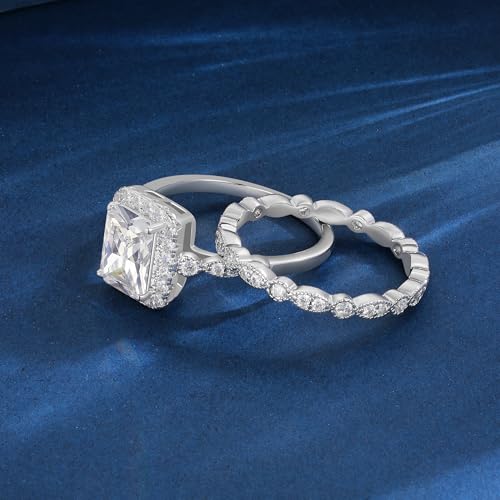 MDFUN Two-in-One Rectangle Cut Halo Engagement Rings Promise Ring Wedding Bands Set 18K White Gold Plated Rectangle Cubic Zirconia Eternity Band for Women Size 5-103