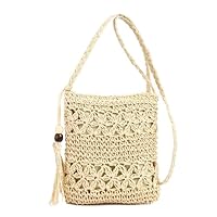 chausa Hippie Tasche Strandtasche Damen Sommer Urlaub Strandtasche mit Fransen aus Stroh Gehäkelte Tasche Boho Strohtasche Damen Ideal für Strandurlaub Festivals und Sommerpartys(Beige)