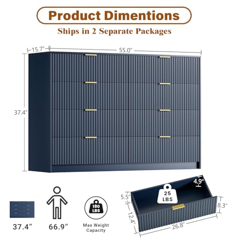 Image of Furniway Navy Blue Dresser for Bedroom, Modern Dresser with 8 Drawers and Smooth Slides, Wide Chest of Drawers with Golden Handles for Bedroom, Closet, 15.7 inch D x 55 inch W x 37.4 inch H