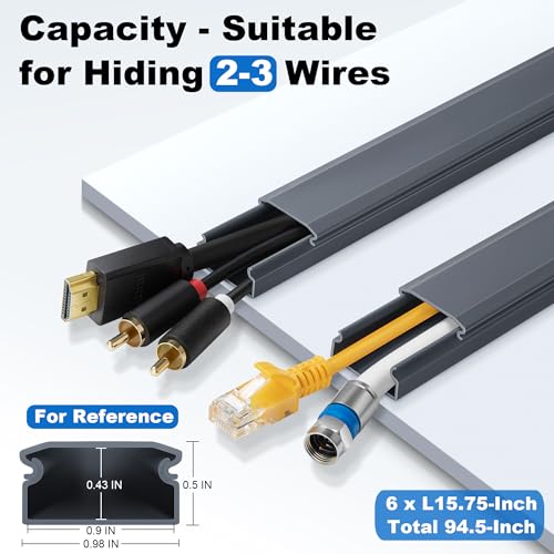 Image of ZhiYo Cord Cover Wall Kit, 94.5in Cord Hider Wall Mounted TV, Self-Adhesive Wire Covers for Cords, Paintable Wire Hiders Cable Raceway Kit, Cable Concealer, 6 x L15.75in W1 H0.5in, Grey