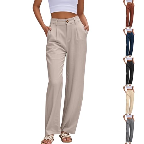 Comfy Work Pants Women Business Casual Slacks High Waisted Wide Leg Dress Pants Office Linen Trousers with Pockets