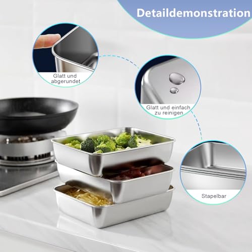 HXSYKJDM Panierschalen Set 3-teilig, 25 X 19.5 X 5 cm Panierstrasse Edelstahl Schüssel mit Steakzange und Abwaschlappen, Edelstahl Schale Rechteckig mit Deckel Stapelbar für Fisch Fleisch Gemüse