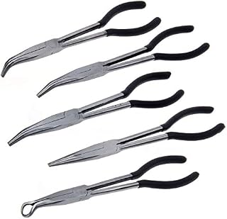 Coldshine 5PCS Long Reach Pliers 11Inch Nose Pliers Set Straight Bent Tip Mechanic Equipment Mechanics Hand Tool Home Repairs Kit for Jewelry Making Car Repairing
