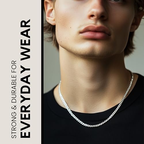 KISPER 925 Sterling Silver chain for men - Diamond Cut 3.5mm Flat Curb Cuban Link Chain Necklace with Lobster Clasp, Made in Italy - 18 inch silver chain for men4