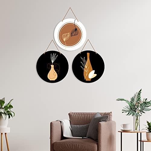 Image of Artvibes Contemporary Abstract Line Art Round Wooden Wall Hanger for Home Decor | Modern Wall Art Paintings | Wall Poster | Handcrafted Art | Artworks Hangings | Ideal Gifts (WH 4208N), Set of 3