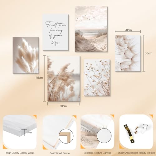 Tableau decoration murale roseaux beige 6 pièces pour salon - 2