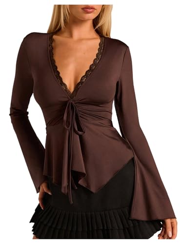 GORGLITTER Women's Lace Babydoll Tops Lace Tie Front Bell Long Sleeve Peplum Top Y2k Deep V Ruffle Going Out T Shirt Brown Small