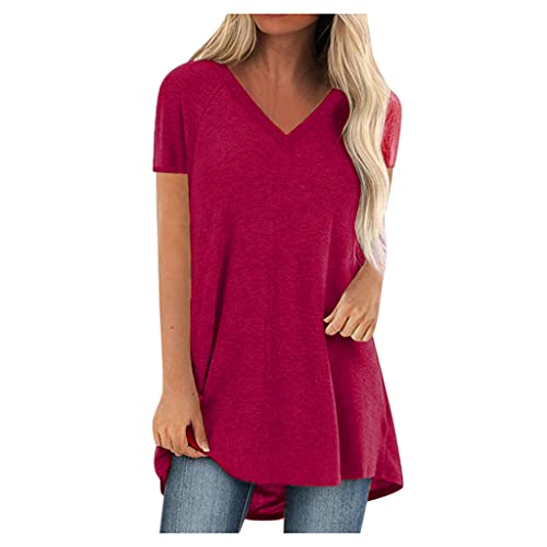 Hatoys Womens Tops Short Sleeves Pullover Textured Solid Tees Flowy Loose O-Neck Sweatshirt for Women Longline T Shirt