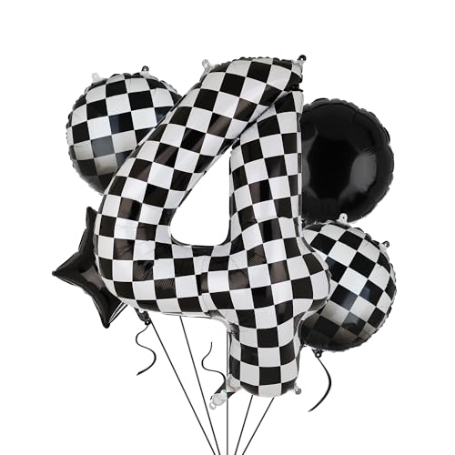 40 Inch Checkered Number Balloon 4 Race Car Birthday Decorations 5 Pcs
