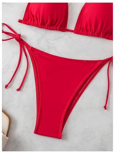 MakeMeChic Women's Bikini Sets Triangle Halter Tie Back Swimsuit with Cherry Printed Coverup Tops4