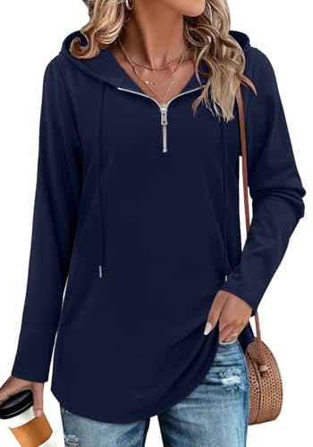BETTE BOUTIK Womens Quarter Zip Tunic Hoodies Pullover Long Hooded Sweatshirts S-3XL