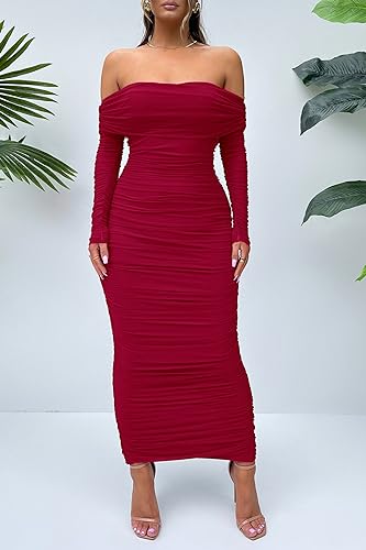 PRETTYGARDEN Women's Fall Off The Shoulder Maxi Dress Spring Long Sleeve Ruched Fitted Bodycon Club Dresses with Slit