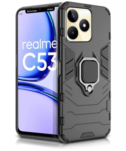 Image of WOW IMAGINE Shock Proof Back Case Mobile Cover for Realme Narzo N53 | Realme C53 | Realme C51 | Back Cover Case (Tough Armor | Hybrid PC + TPU | Ring Holder & in-Built Kickstand | Black)