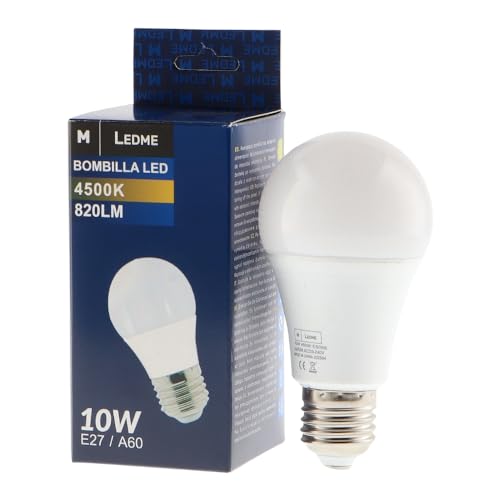 M Ledme   Bombilla Led E27 A60 10W, (Eq. 90W), Luz blanca Neutra (4500k), casquillo E27, 820 Lumen, IP20, Apertura del Haz de Luz 270°, Eficiencia energética y Bajo Consumo. LM7036