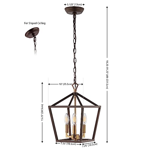 Image of JONATHAN Y Ojai Pagoda Pendant Lantern 10 inch, Oil Rubbed Bronze /Brass Gold | 3-Light, Metal Frame Construction, LED Bulbs Included, Adjustable Chain, Classic Farmhouse Chandelier, Entry Foyer Decor
