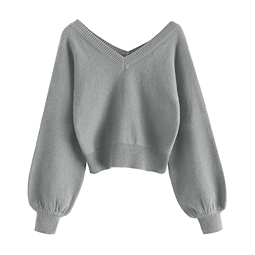 Image of ZAFUL Women's Cropped Sweater V-Neck Long Sleeve Pullover Jumper Knit Top | Crop Length, Ribbed Knit, Double V design, White sweater, Raglan sleeves, lantern sleeve, Fall & Winter, Loose fit, Oversized
