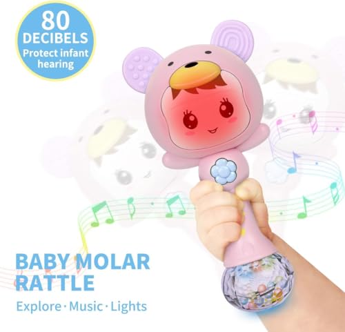 Image of Educational Baby Rattle, Electronic Light Musical Teether - Baby Sensory Sound Toys, 3-12 Months (Baby Pink)