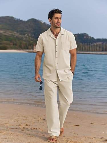 Men's 2 Piece Outfits Casual Beach Short Sleeve Button Down Shirts Loose Pant Sets Summer Vacation Walking Outfits2