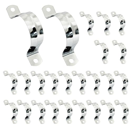Image of 25 Pack, 1-1 /2 Inch (40mm) M40 Rigid Pipe Strap | Stainless Steel, Two Hole Cable Strap, U Bracket Conduit Clamp, Silver