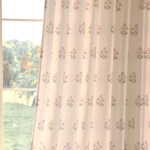 Floral Linen Pinch Pleated Curtains 30x102 Inch, 2 Panels, Beige White