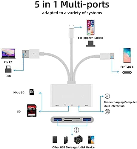 5 In 1 Lightning Type-C Otg Camera Sd Tf Usb C Memory Card Reader Adapter For Phone/Pad/Android/Mac/Computer/Camera/Macbook, Supports Sd/Micro Sd/Sdhc/Sdxc/Mmc And Usb Otg #TOP5