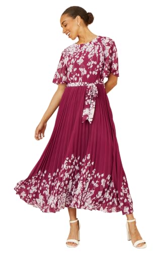Image of Yumi Burgundy Mirror Floral Design Pleated Midi Dress (UK, Numeric, 16, Regular, Regular, Burgundy)