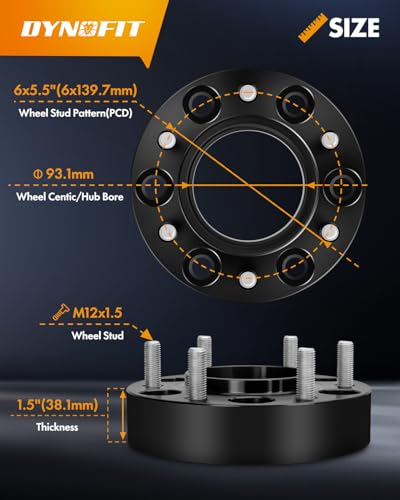 Image of dynofit 6x5.5 Forged 1.5inch Hubcentric Wheel Spacer for 2019-2026 Ford Ranger Xlt Lariat Raptor, 6x139.7 Tire Spacers M12x1.5 Studs 93.1mm Hub Bore for 2021-2026 Ford Bronco(Except Bronco-Sport),4Pcs