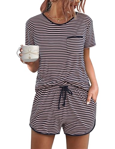 Demegimi Schlafanzug Damen Kurz Baumwolle Sommer Pyjama Zweiteiliger Pyjama Set Gestreift Weicher Shorty Hausanzug V-Ausschnitt Nachtwäsche