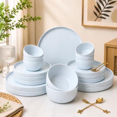 Image of MARKET 99 Heavy-Duty Round Minto Blue Sparkle Dinner Set | 20-Piece Matte Melamine Dinnerware Collection Includes 6 Full Plates, 6 Side Plates, 6 Bowls, & 2 Serving Bowls for Dining Table
