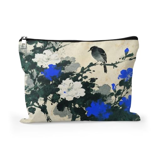 Cafl Blackbird Amongst Blue & White Blossoms Makeup Bag for Women Large Capacity Make Up Bag Portable Travel Cosmetic Bag Toiletry Pouch Organizer 10 * 8inch