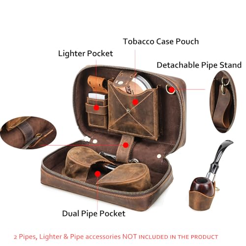 Pipe Tobacco Pouch with Pipe Stand Full Grain Leather Tobacco Pipe Accessories Bag Handmade Travel Organizer for 2 Pipes, Lighter, Cigarette - Image 5