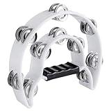 Pandereta musical de media luna de doble fila de metal, con mango ergonómico (blanco)