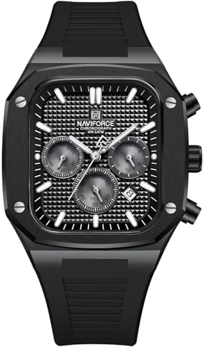 NAVIFORCE Mens Square Watches,Chronograph Analog Calendar Wrist Watch,Quartz Waterproof Watches for Men,Silicone Band