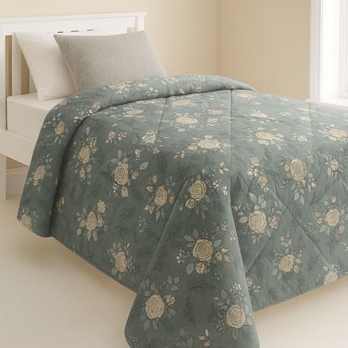 Image of Mafatlal 120 GSM Ultrasonic Microfiber Single Reversible AC Comforter | 90 x 60 Inches | Summer Kambal Quilt | Twin Bed | Olive Green