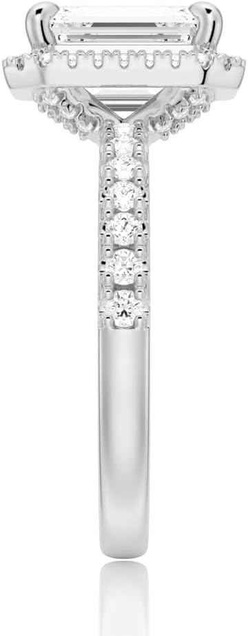 MSBLUE 1ct Engagement Ring, Emerald Cut with Halo, 14K White Gold Vermeil, Rhodium Finish