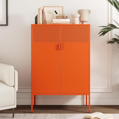 Miniatura 2 de Metacate Lnov Armario Metalico,Aparador De Metal Estantes Con Puertas,Marco De Acero,Armario De Almacenamiento Para Oficina En Cocina,Salón,Comedor,Entrada,40 X 80 X 120al Cm,Naranja