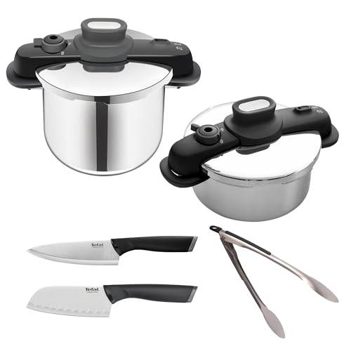 Consejos para Comprar Olla express tefal los 5 mejores. 41 T-fal Chef Master Set que incluye 2 Ollas a Presión Compact Easy de 8L y 4L, Set de dos cuchillos Chef 15 cm y Santoku 12cm, y pinzas de cocina auxiliar de acero, P3534236M
