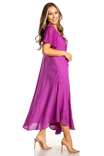 Image of Sakkas Egan Long Embroidered Caftan Dress /Cover Up with Embroidered Cap Sleeves
