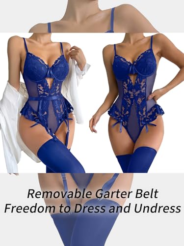 Image of Lilosy Sexy Stocking Lace Mesh Bodysuit Top Underwire Garter Lingerie Set 3 Piece