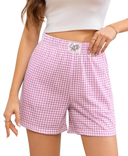 ENJOYNIGHT Kurze Schlafhose Damen Karierte Schlafshorts Sommer Baumwolle Pyjamahose mit Taschen (Large,Rosa)