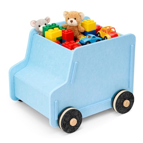 Toy Storage Box with Wheels for Kids, Soft Felt, 10 Gal, Light Blue