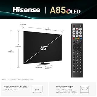 Hisense 65" 65A85QTUK OLED Smart AI TV - 120Hz Game Mode PRO, Dolby Atmos, Dolby Vision, IMAX Enhanced, Sport Mode, Filmmaker Mode, Infinite Blacks with Freely, Disney +, YouTube, Netflix