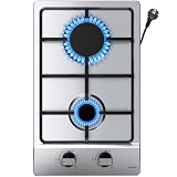 WEHIMO Piano Cottura a Gas 2 Fuochi Inox Da Incasso, 3700W, Protezione Flame-Out, Accensione Elettrica, Gas Naturale/Propano/Butano