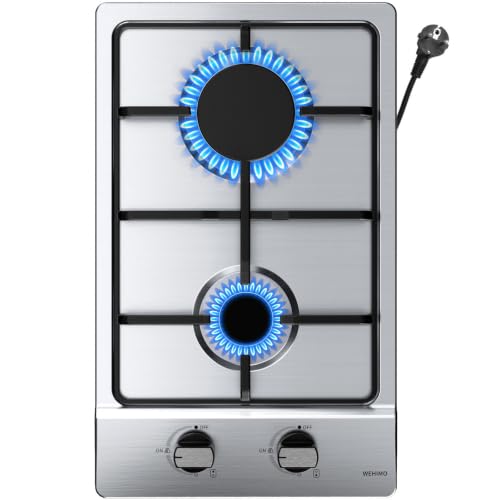 WEHIMO Plaque de Cuisson Gaz 2 Feuxs, Plaque Gaz 2 Feuxs Inox, Cuisinière à Gazs 2 Brûleurs, Encastrable, Grille Fonte, 3700W, Gazs Ville et Bouteille