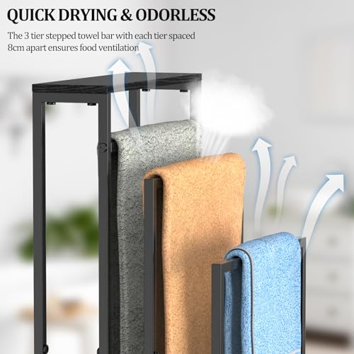 Handtuchhalter Stehend, 3-Stufiger Handtuchständer Freistehend mit Holz Ablage, Metall Kleiderablage mit Verstellbaren Füßen, Herrendiener für Badezimmer & Schlafzimmer, 40x30x82cm Schwarz