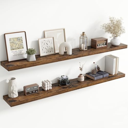 Image of 72 Inch Floating Shelves for Wall, 8 Inch Deep Floating Shelf for Storage & Display, Wall Mounted Shelf with Invisible Brackets for Living Room, Kitchen, Bathroom, Home Decor, Set of 2, Rustic Brown