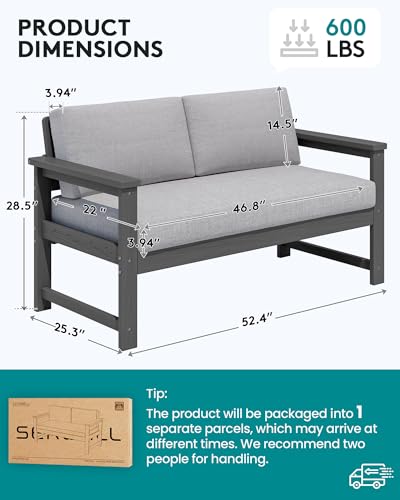 Image of SERWALL HDPE Outdoor Loveseat Couch with Cushions, All Weather Use Outdoor Loveseat Sofa, Grey Frame with Grey Cushions