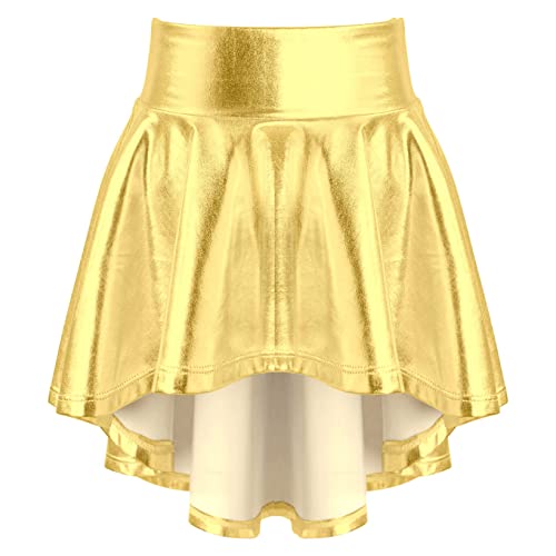 JanJean Kids Girls Shiny Metallic Skater Skort Dance Skirt Elastic Waist Ruffle Hem Athletic Skirt Jazz Hip Hop Dancewear Gold 10 Years