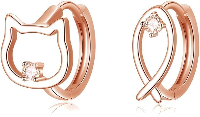 猫 フープピアス レディース 人気 シルバー925 金属アレルギー対応 ジルコニアCZ リング ピアス 可愛い ネコ ピアス 純銀製 誕生日 プレゼント アクセサリー (golden)